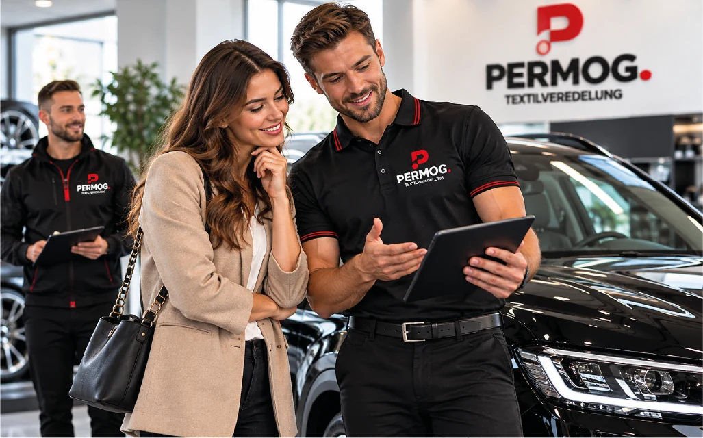 Beratung im Autohaus mit einheitlich gekleideten Mitarbeitern in Poloshirts mit PERMOG-Logo