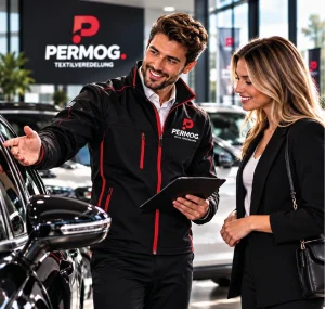 Beratung im Autohaus mit schwarzer Softshelljacke und PERMOG-Logo