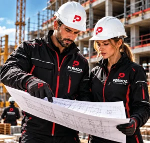 Bauteam mit Schutzhelmen, Bauplan und einheitlicher Arbeitskleidung