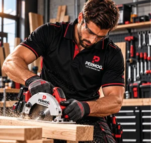 Handwerker mit Kreissäge und schwarzem Poloshirt mit PERMOG-Logo