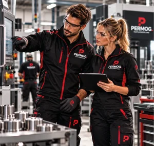 Industrie-Team mit Schutzbrillen und einheitlicher Arbeitskleidung an einer Maschine