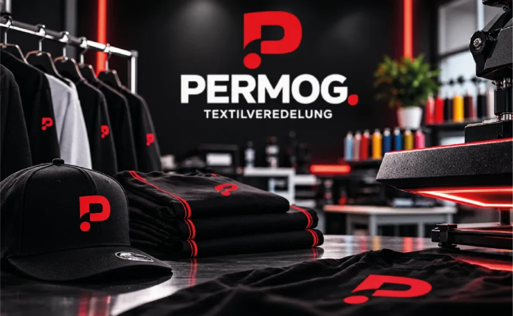 Textilien und Cap mit PERMOG-Logo neben einer Transferpresse