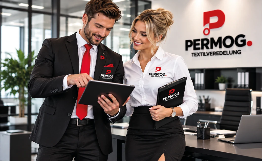 Büroteam in Anzug und weißer Bluse mit PERMOG-Logo bei der Arbeit am Tablet
