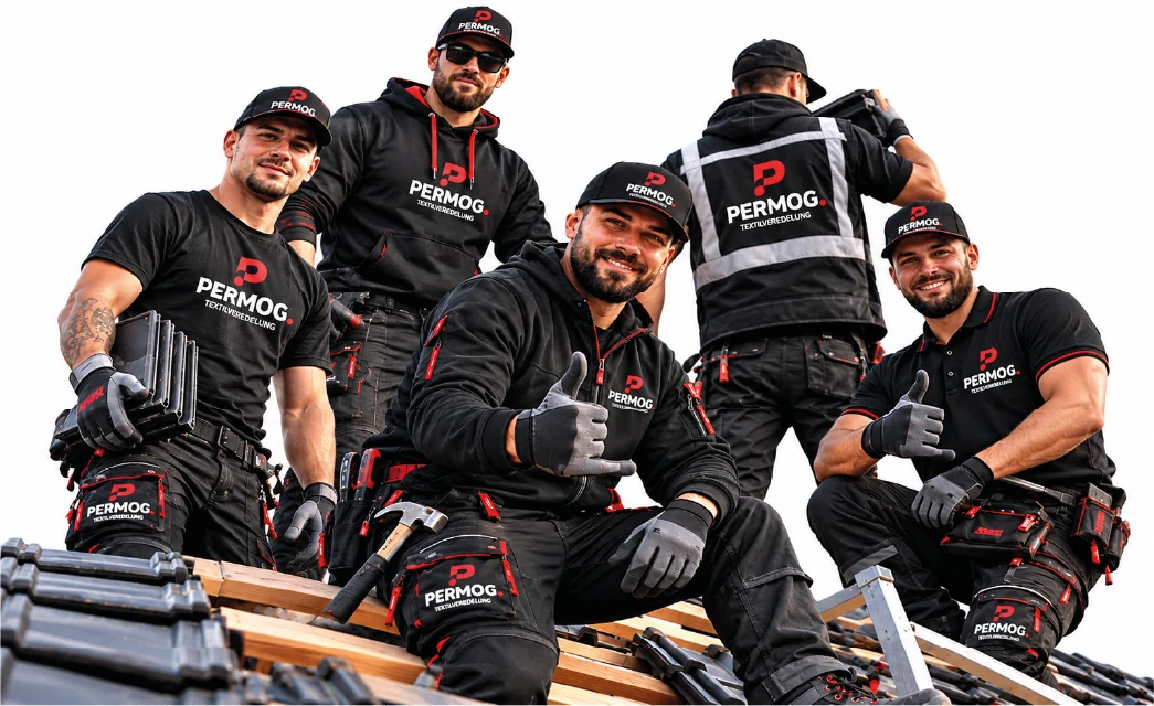 Dachdecker-Team in schwarzer Arbeitskleidung mit PERMOG-Logo auf einem Dach