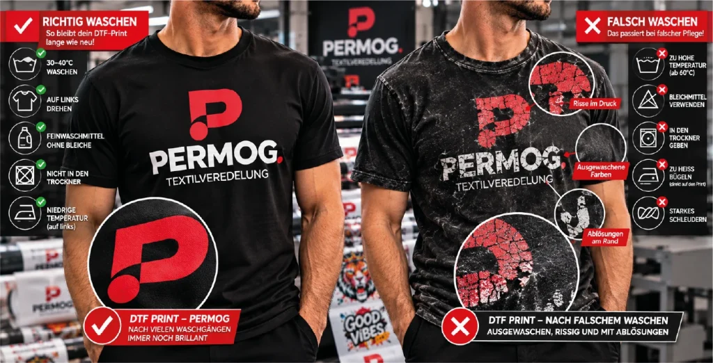 Vergleich eines gepflegten PERMOG-Drucks mit einem durch falsches Waschen beschädigten Textildruck