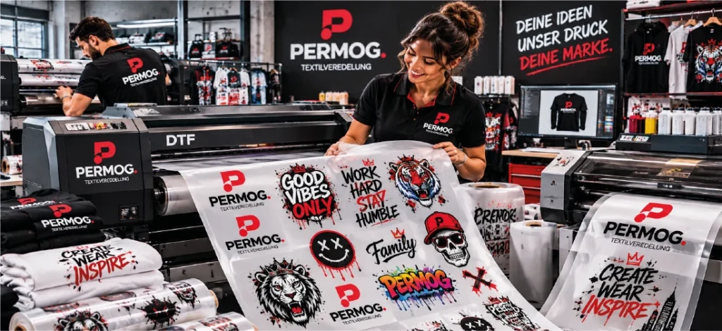 PERMOG-Team am DTF-Drucker mit farbig bedruckten Transferfolien