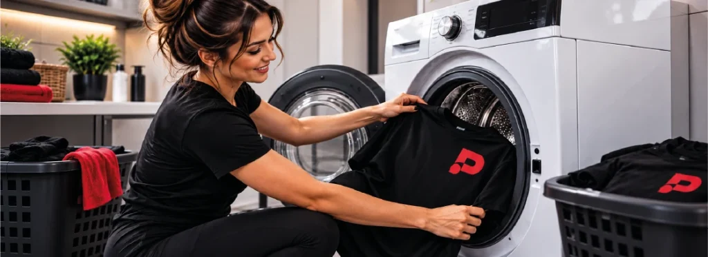 Frau legt ein schwarzes PERMOG-Textil in die Waschmaschine