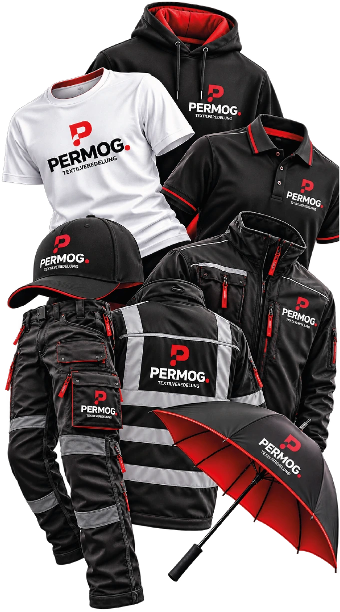 Firmenbekleidung mit PERMOG-Logo: T-Shirt, Hoodie, Polo, Jacke, Arbeitshose, Warnweste, Cap und Regenschirm