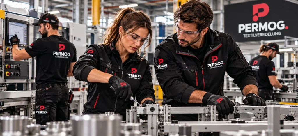 Industrie-Team bei Montagearbeiten mit schwarzer Arbeitskleidung und PERMOG-Logo
