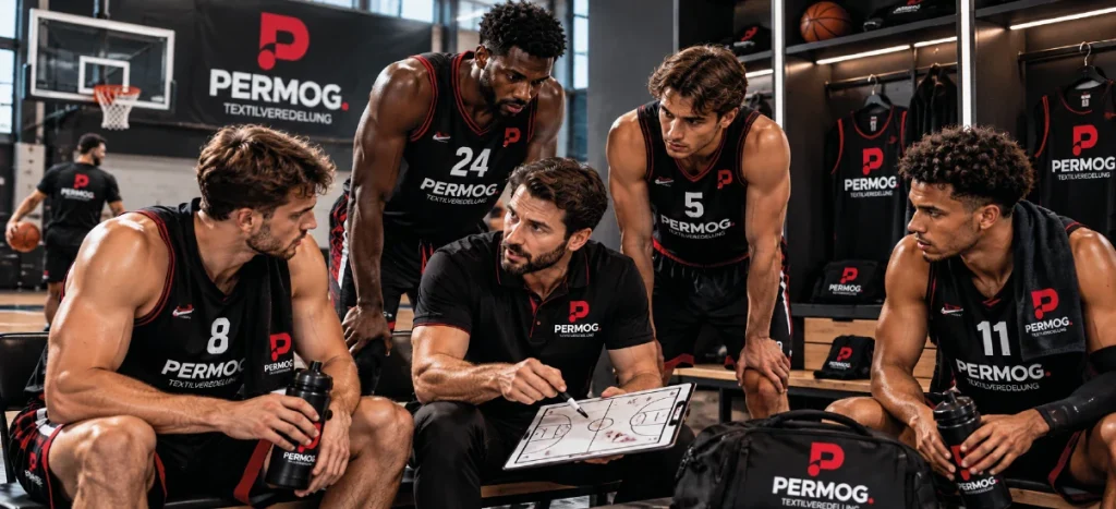 Basketballteam und Trainer in schwarz-roter Teamwear mit PERMOG-Logo