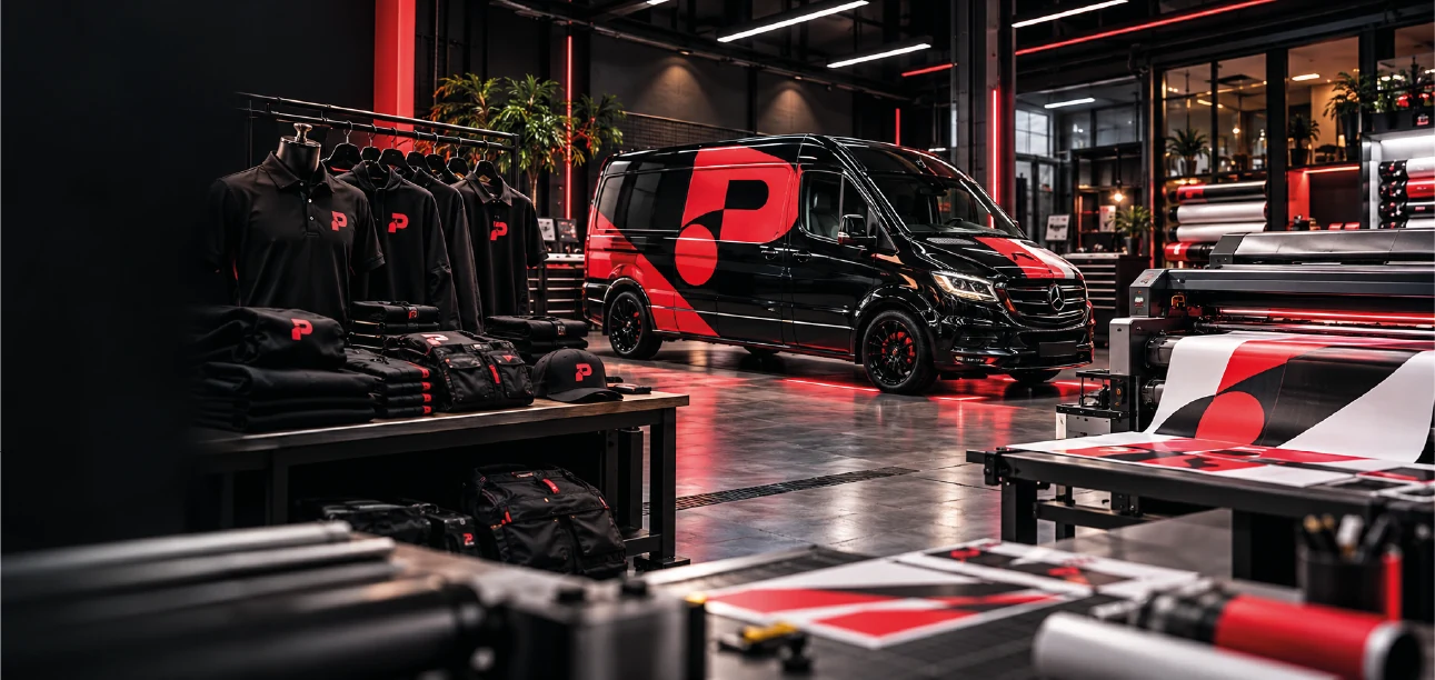 PERMOG-Werkstatt mit Firmenkleidung, schwarz-rot foliertem Transporter und Druckmaschinen
